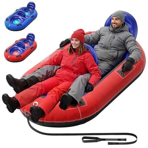 QPAU 2-Person Inflatable Snow Tube with Dual Backrests & Tow Rope, Heavy Duty Canvas-Covered Blow Up Snow Sled with Handles, Fast Inflation Air Valves, Premium Snow Tubes for Kids & Adults (Red) by QPAU - Used condition - US$28.13
