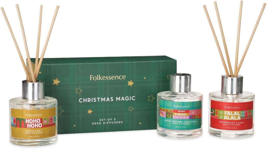 Folkulture Christmas Reed Diffuser Set of 3– Xmas Essential Oil Diffuser Reed Sticks for Home Fragrance, Holiday Aromatherapy, Apple Tart, Peppermint Candy & Lavender Scents (Christmas Magic)