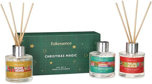 Folkulture Chrismas - Juego de 3 difusores de varillas para el hogar, 5.1 onzas líquidas, difusor de aceite esencial con varillas de junco, difusor