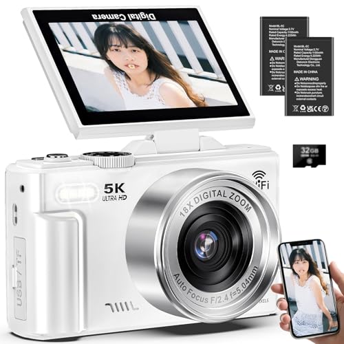 デジタルカメラ 5K録画 7500万画素 スマホに送れる デジカメ Wi-Fi機能 180度回転可能ディスプレイ オート18倍デジタルズーム フォーカス 連続撮影 自撮り 3.0インチスクリーン マイクロSDカード付き 1200mAh電池 軽量 携帯便利 学生 初心者 修学旅行 Vlog 小型 コンパクトカメラ ホワイト