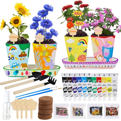 Sproutix Paint & Plant Flower Growing Kit Complete Gardening Set with 4 Ceramic Pots Soils Seeds and Other Tools Ideal for Educational Arts and Crafts DIY Gift