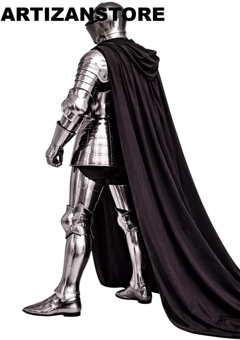 ARTIZANSTORE Medieval Full Plate Armor Suit with Black Cape – Handcrafted Steel Knight Armor Templar/Crusader Polish Finish Collectible Cosplay & Display