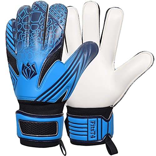 FitsT4 Junior Torwarthandschuhe Kinder, Fußballhandschuhe Außennaht und 4mm Profi Grip und verdoppeltem Handgelenkverschluss - Diverse Größe und Farben, Blau, Gr.7 Cover