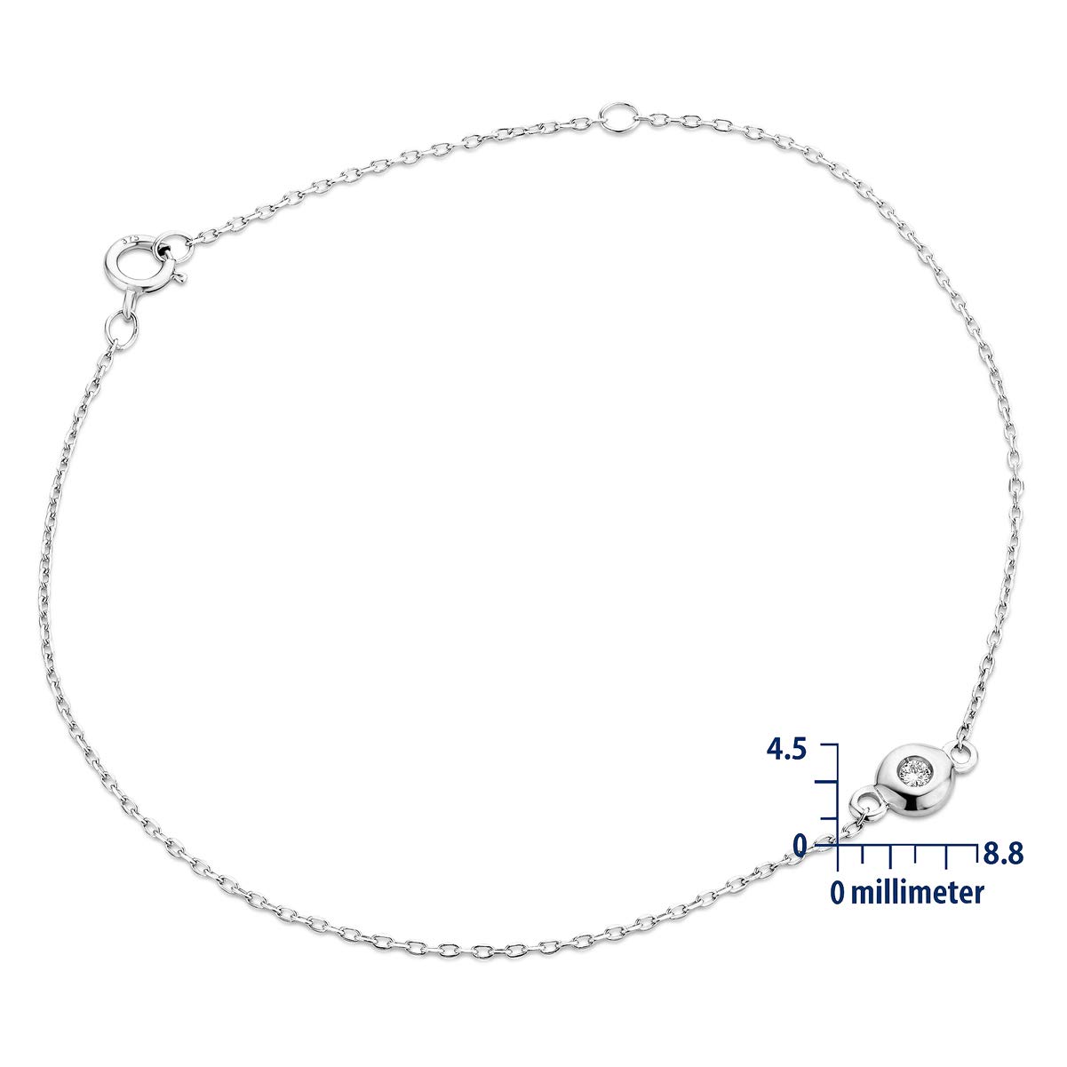 MIORE Bracciale da donna con diamante solitario 0,03 carati in oro bianco 9 carati/oro 375, lunghezza 18,5 cm