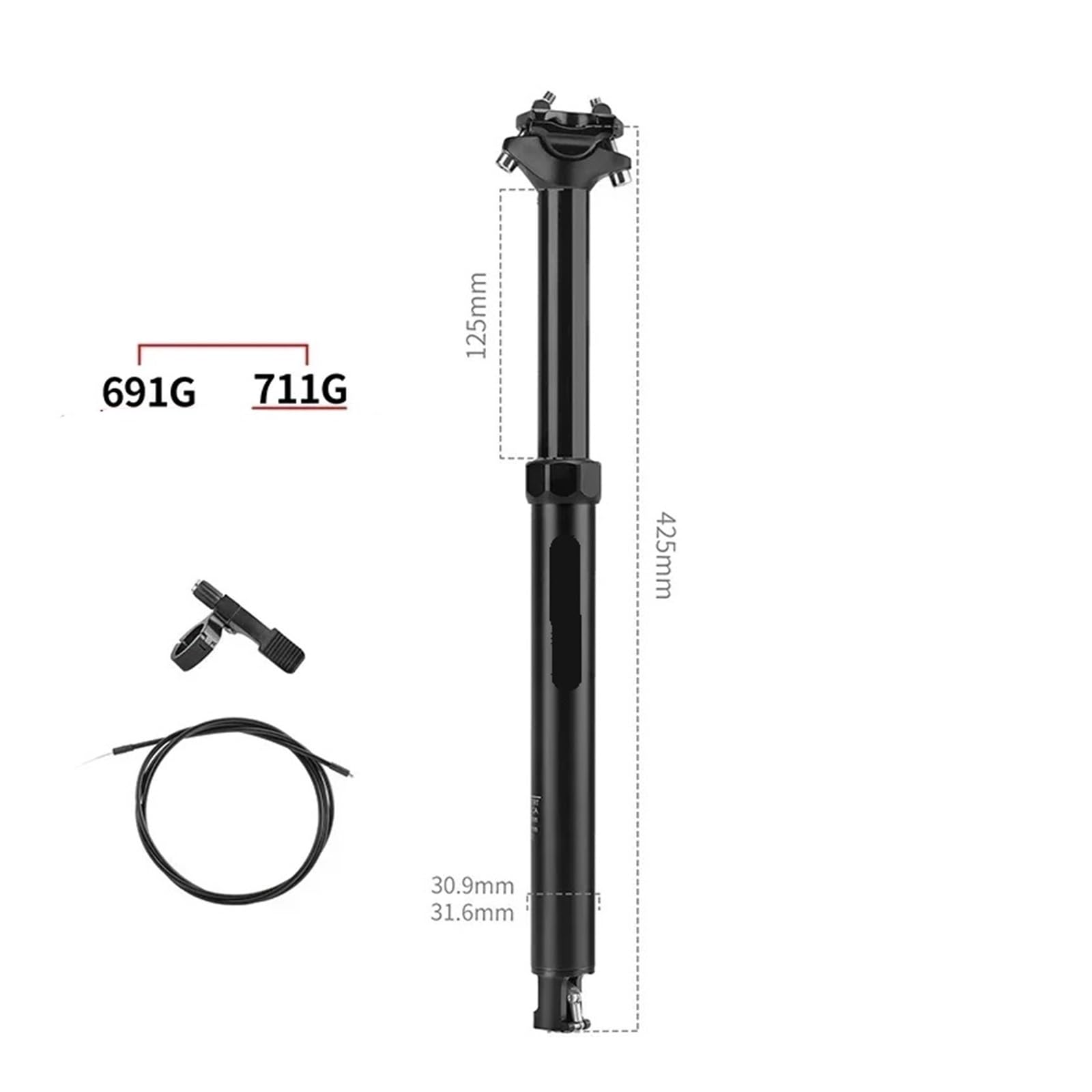 Fahrrad-Dropper-Sattelstütze, 27,2/30,9/31,6 x 425 mm, interne Führung des Sitzrohrs