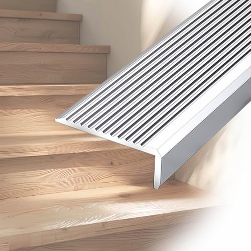 Perfil de nariz de escalera de aluminio, 10 x 3 cm, 130 cm, protector de borde antideslizante para caminar de forma segura, ideal para niños y personas mayores, acabado plateado, mejora la seguridad