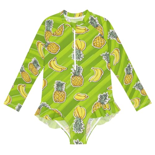 ALAZA Toddler Swimsuit Girl Bathing Suit Swimwear Rash Guard Banana Pineapple Green Long Sleeve 3T