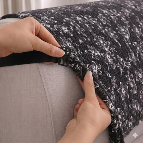 Image of STITCHNEST 'Opulence Series' Floral Woven Sofa Cover for 3 Seater | Premium Soft Fabric Sofa Protector | Black Floral Pattern with Armrest Pockets | Durable Living Room Furniture Cover