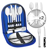 Cynrikah Set de Couverts de Camping 11PCS, 2 Personnes kit Vaisselle Camping INOX Set de C...