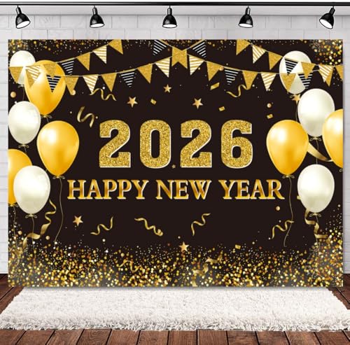 INRUI Fundo de fotografia de ano novo dourado 2025, faixa decorativa para festa temática de Ano Novo (1,8 x 1,2 m)
