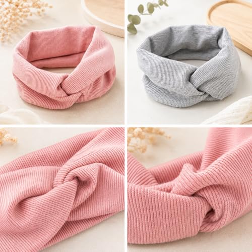 Generisch Elastische Breite Haarbänder für Damen und Mädchen, Baumwolle Twist Knoten Stirnbänder, 4er Pack, Gelb Grau Rosa Weinrot, 19x10cm, für Sport Yoga Laufen