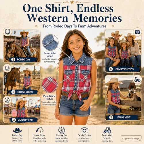 Image of Bienzoe Western Plaid Girls Shirt: Sleeveless Button Down