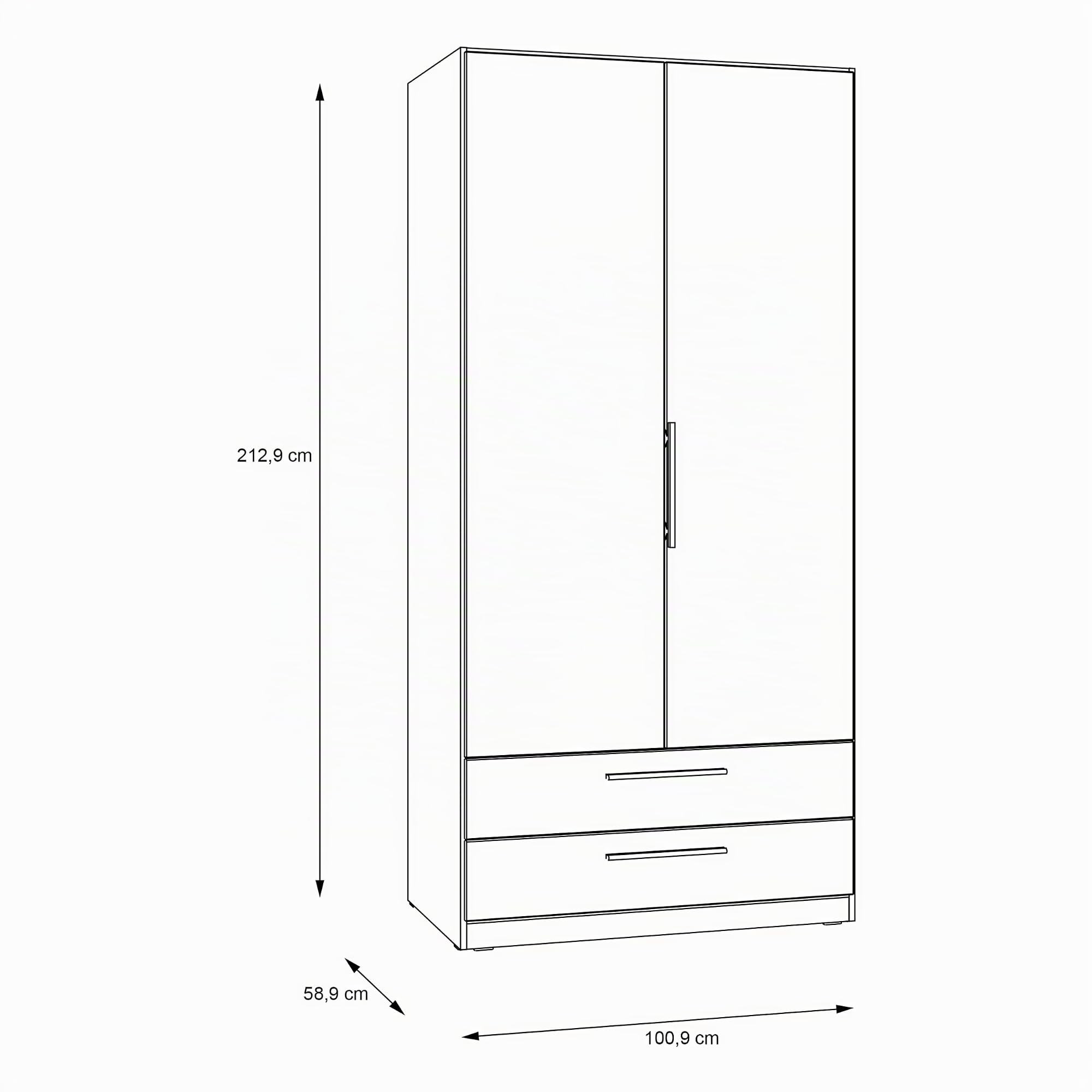 Forte CADIXO Kleiderschrank 100, klassischer Schrank mit Zwei Drehtüren und 2 Schubladen, Holzwerkstoff, Artisan Eiche Dekor, 100,9 cm breit, 212,9 cm hoch, 58,9 cm tief