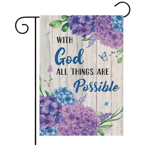 WATINC With God All Things are Possible Garden Flag, Spring Summer Double Sided 12 x 18 Inch Linen Flag, Inspirational Butterfly Bee Floral Farmhouse Yard Outdoor Season Decoration Supplies (Purple）