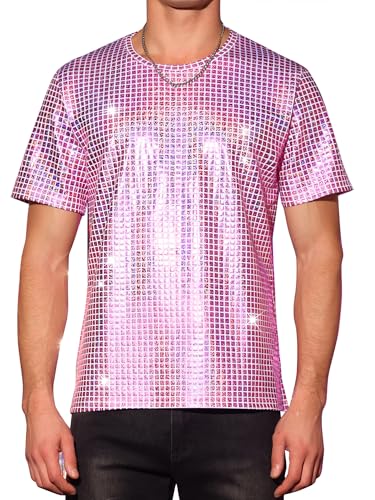 Lars Amadeus Metallic T-Shirt for Men's Round Neck Short Sleeves Sparkle Glitter Shirts