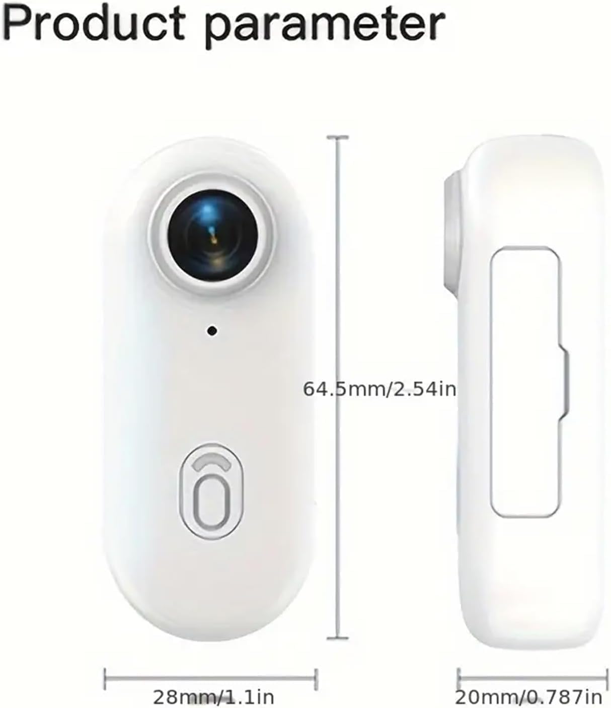 Diagram showing the dimensions of the 4S Body Camera: 64.5mm (2.54in) length, 28mm (1.1in) width, and 20mm (0.787in) thickness.