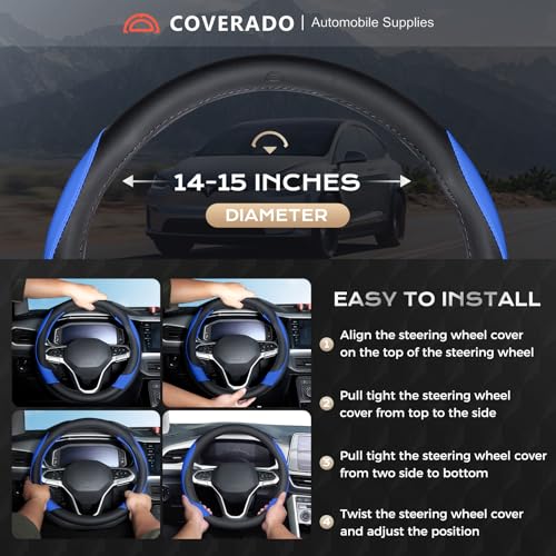 Image of Coverado Car Steering Wheel Cover, Nappa Leather Black & Blue Steering Wheel Covers for Women, Universal 14-15 inch, Anti-Slip, Breathable Steering Wheel Protector