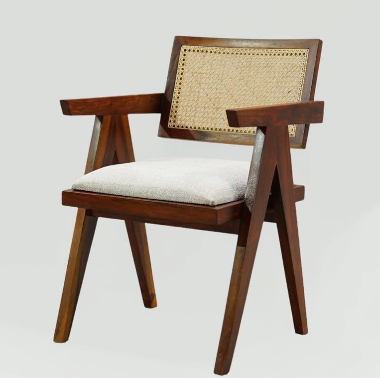 Image of Solid Sheesham Wood Arm Chair with Cushion and Cane Back Support Chair Living Room Bedroom Home Wooden Armchair Furniture Garden Balcony Outdoor & Indoor (Honey Brown)