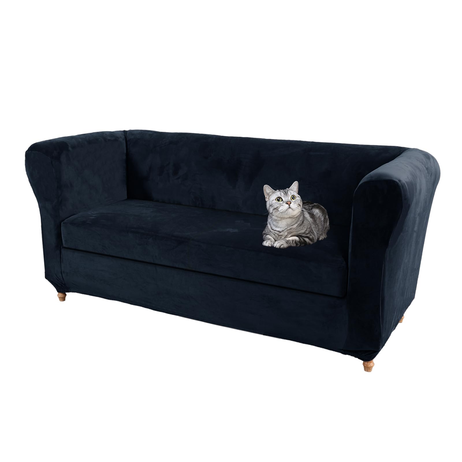 SYLC Velvet Stretch Chesterfield Sofa Cover Couch Cover with Seat Cushion Cover Furniture Protector for Curved Settee Fitted Vintage (Navy,Loveseat+1 pc 2-Seat)
