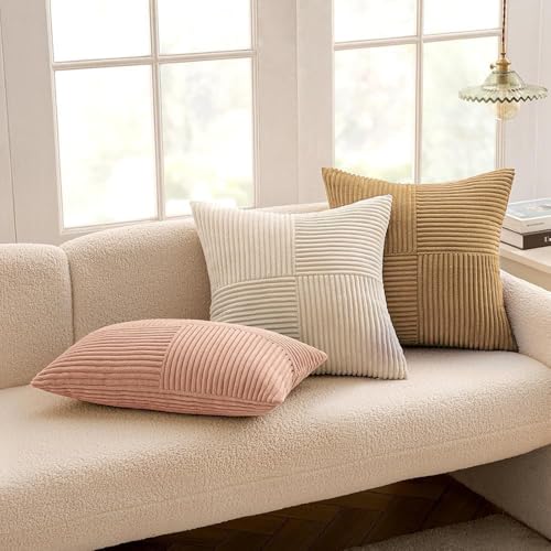 Image of MIULEE Camel Brown Decorative Throw Pillow Covers 20x20 Inch for Couch Bed Sofa Pack of 2 Boho Farmhouse Throw Pillows Soft Cross Corduroy Patchwork Textured Cushion Cases