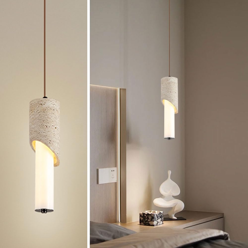 Yellow Travertine Pendant Light, 11.8" Wabi Sabi Pendant Light with Inclined Half Cylinder Stone Lampshade, Nordic Style Concrete Hanging Lamp Fixture for Bedroom Living Room Kitchen Lighting