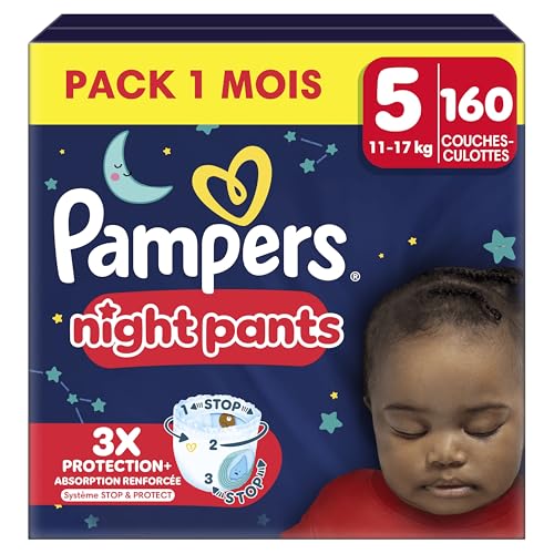 Pampers Night Pants, Taille 5, 160 Couches-Culottes, 11-17kg, Maintien 360° Contre Les Fuites Avec Un Cœur Super Absorbant Pour Une Protection Renforcée...