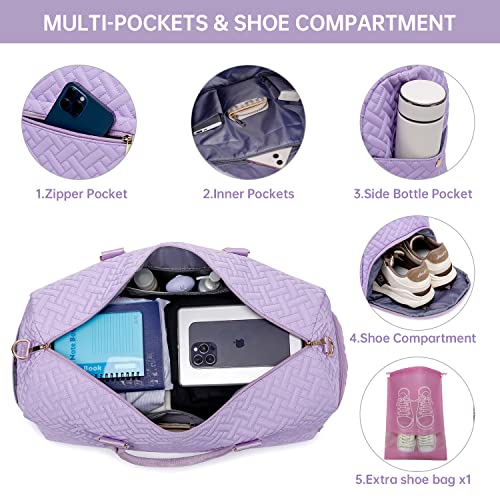 Image of Duffle Bag for Travel, Weekender Bag with Shoe Compartment, Carry On Overnight Bag for Women with Toiletry Bag, Gym Bag with Wet Pocket, Hospital Bags for Labor and Delivery Beige, Purple-Small