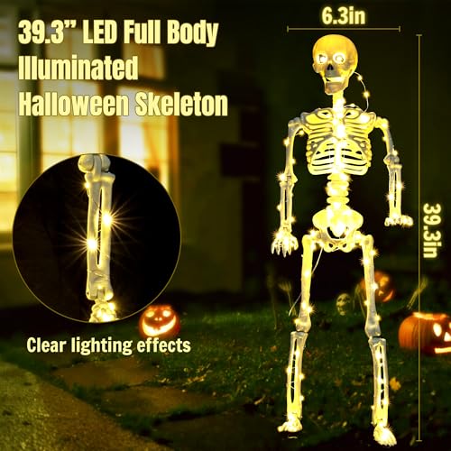 wymulot 2 Pack 40 Inches Plug Operated 400 LED Light Up Halloween Skeleton Full Body Posable Movable Jonints for Halloween Decoration Décor - image 2