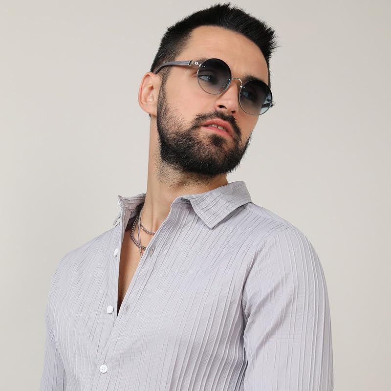 Image of CAHOOT Men's Self-Design Striped Shirt for Casual Wear | Spread Collar | Long Sleeve | Button Closure | Shirt Crafted with Comfort Fit for Everyday Wear