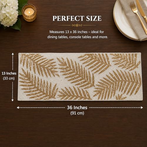 Image of Handmade Beaded Table Runner with Gold Leaf Design on White Beads, 13x36 Inches - Exquisite Dining Table Decoration, Elegant Home Decor for Thanksgiving & Special Celebrations