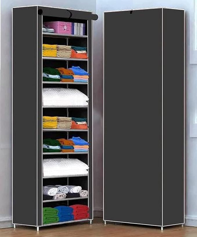 Image of AWTATOS Multipurpose Collapsible Wardrobe Cabinet | Foldable Fabric Organizer with 6-9 Shelves | Portable Clothes Storage Rack for Bedroom, Home & Office (Gray, 9 Layer)