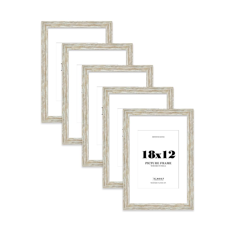 18x12" Distressed White Oak Picture Frame with A4 Mount - Aged Photo Frame with Distressed Finish, Wall Hooks, 32mm Edge - 5 Pack