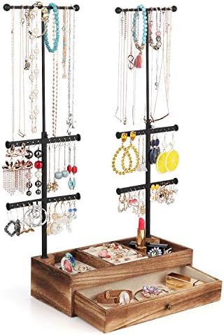 Miratino Jewelry Organizer Stand Double Rods & 6 Tiers Jewelry Holder Box with Rustic Wood Drawer Storage Base for Necklaces Bracelets Earrings Rings Display Carbonized Black