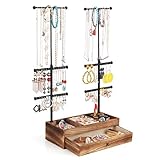Miratino Jewelry Organizer Stand Double Rods & 6 Tiers Jewelry Holder Box with Rustic Wood Drawer St