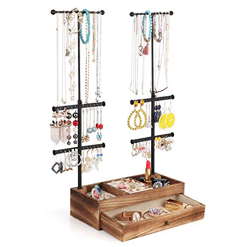Miratino Jewelry Organizer Stand Double Rods & 6 Tiers Jewelry Holder Box With Rustic Wood Drawer Storage Base For Necklaces Bracelets Earrings Rings Display Carbonized Black #TOP30