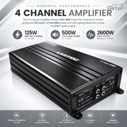 Image of FABTEC 4 Channel Compact Class D Car Amplifier - 125W RMS x 4 @ 4Ω, 500W RMS Total, 2600W Peak Power, 400W x 2CH Bridged @ 4Ω, 200W x 2CH @ 4Ω - Adjustable LPF, HPF & Gain Controls, DIY Audio Projects