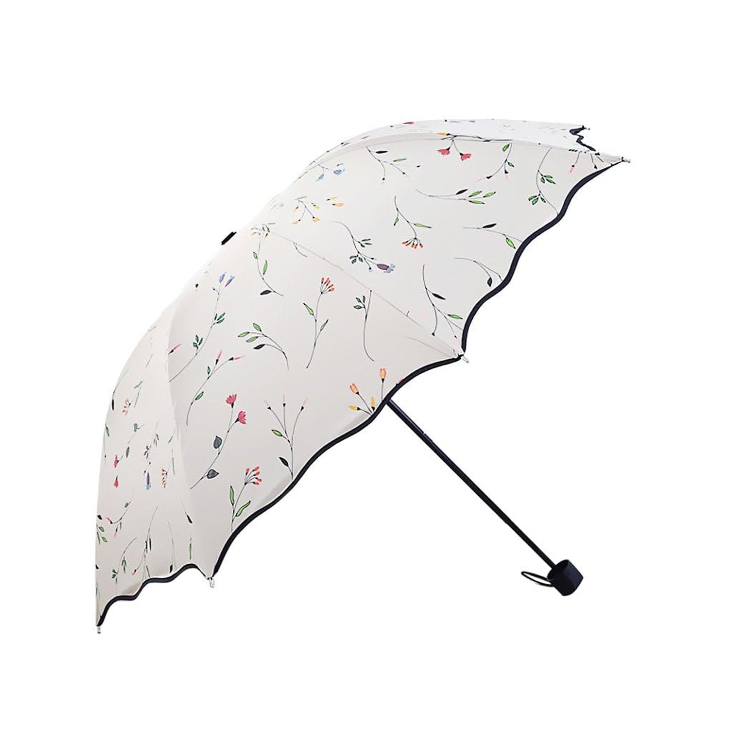 Hardinox Women's White Folding Floral Sun Umbrella Portable Uv Protection Sun Parasol Windproof Strong Compact Umbrella Summer Upf 50+ Lightweight Travel Garden Sun Rain Umbrellas (White)