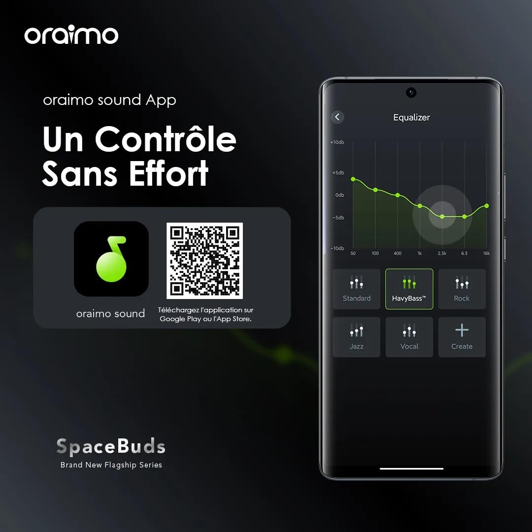 Oraimo SpaceBuds - Écouteurs Bluetooth sans Fil, Réduction de Bruit Active ANC Hybride 50dB, Autonomie 40h, Écouteurs Intra Auriculaires Basse Latence Jeu, 6 Micros Appel Clair, IP54 - Space Grey