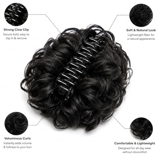 Image of Curly Hair Bun Claw Clip Extension for Women & Girls, Black