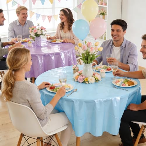 Image of CIEOVO 12 Pcs Round Spring Easter Tablecloths, Plastic Pastel Color Table Cloths Plastic Disposable Tablecloth Pastel Table Cover for Spring Easter Birthday Wedding Baby Shower Party Decorations