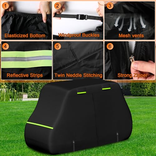 Image of 420D Car Cover Compatible with Chrysler /Polaris GEM e4 4 Seater Neighborhood Electric Vehicle, All-Weather Protection Waterproof Car Cover for 4 Person Golf Cart Enclosure