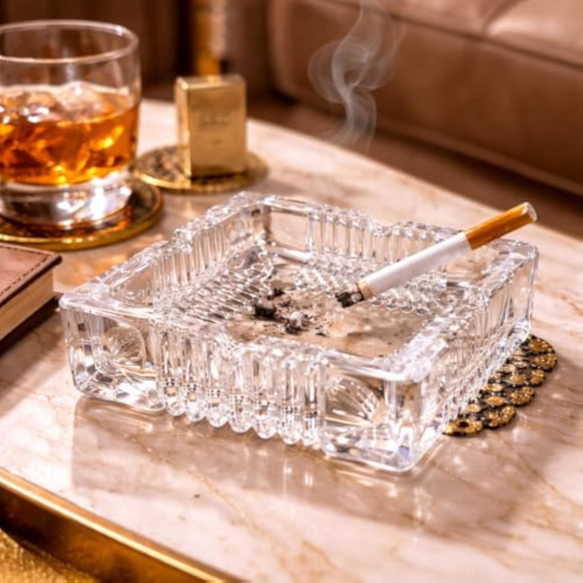 Premium Crystal Glass Ashtray, Square Shape, Decorative Cut Design