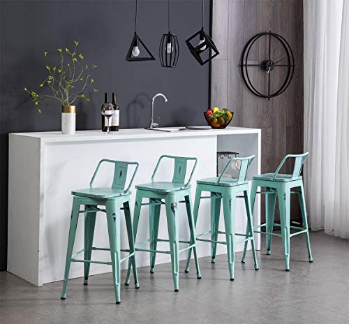HAOBO Home Industrial Bar Stools Metal Barstools Counter Height Stools with Wooden Seat [Set of 4](24\", Low Back Swivel Distressed Green-Blue) - Thumbnail 2