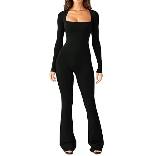 Long Sleeve Jumpsuits for Women Square Neck Wide Leg Full
