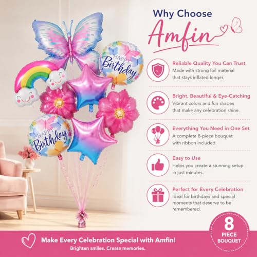 Image of AMFIN (Pack of 8) Butterfly Theme Birthday Balloon Bouquet Pink Blue Metallic Finish Foil Women Girls Decoration Item Kit Rainbow Flower