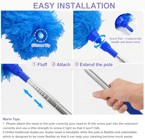Image of 100-Inch Extendable Microfiber Feather Duster with Stainless Steel Pole - Bendable & Washable Cleaning Tool for High Ceiling Fans, Blinds, and Furniture (BLUE-FD-3IN1)