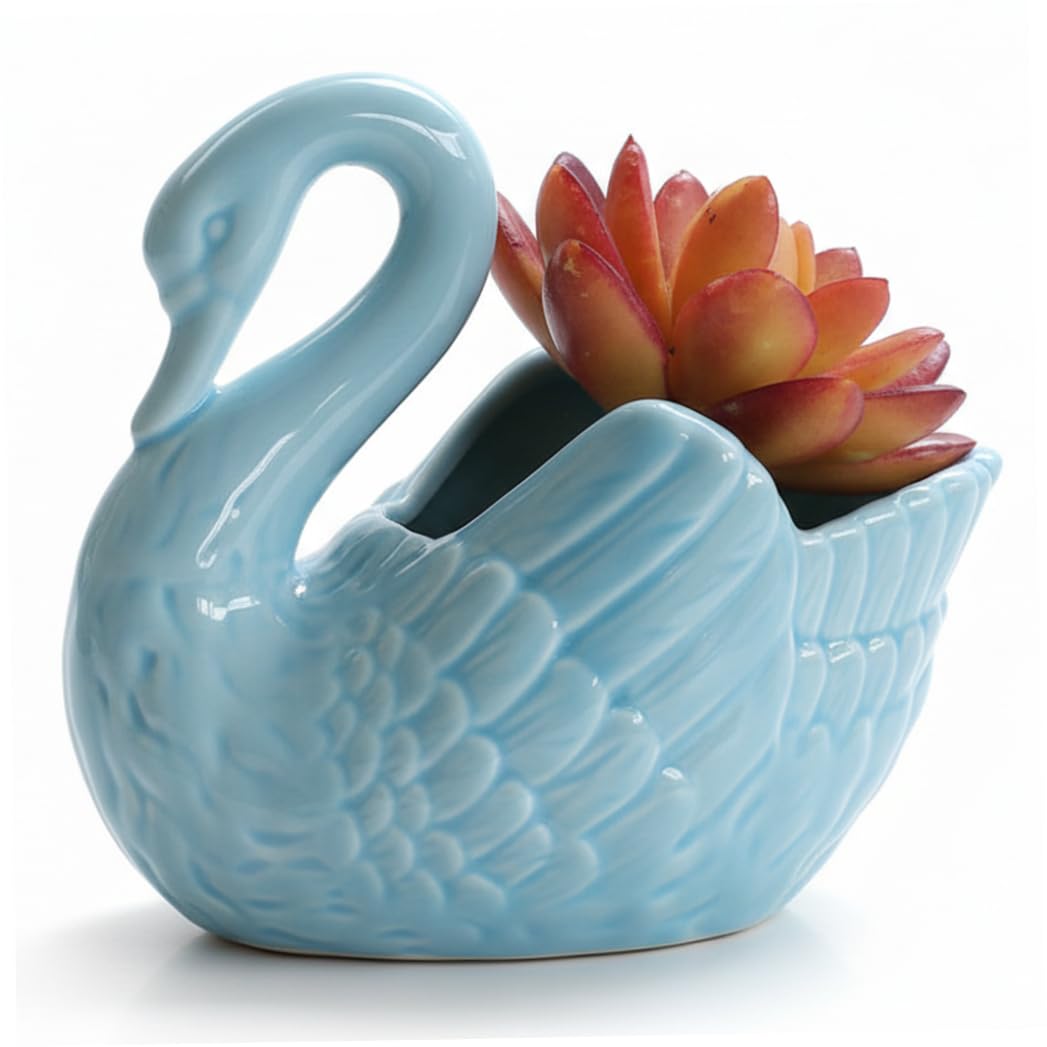 Aetherize Blue Ceramic Swan Planter with Drainage, Decorative Swan Vase for Succulents Home Desk Decor