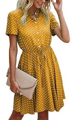 BTFBM Womens Dresses Cute Polka Dot Print Button Down Short Sleeve A-Line Elastic Waist Summer Casual Swing Dress (Yellow, Large)
