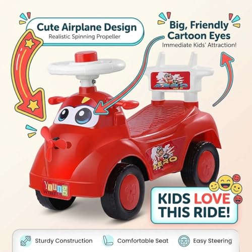 Image of Kids Ride On Red Car for Toddlers with Steering Wheel & Backrest | Foot to Floor Baby Push Car | Indoor Outdoor | Strong Wheels & Comfortable Seat | Racing Design for Boys & Girls (1-3 Years)