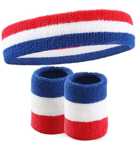 Sweatbands Set - Head & Wrist Sweat Bands - Terry Cloth Sweatbands for Tennis, Working Out, Sports, Basketball, Gym, Cosplay Costume - Headband & Wristbands for Men & Women - Stretchy & Soft Cotton